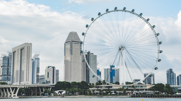 白天的新加坡摩天观景轮，背景是新加坡天际线