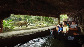 人们乘坐新加坡河川生态园的亚马逊河探索游船之旅。