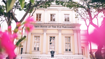 旧国会大厦艺术之家外观，外立面饰有粉红色花朵 