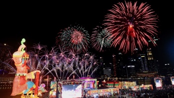 Wide shot of fireworks during the Chinese New Year countdown celebration