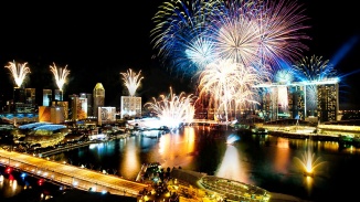 Shot of fireworks show for the new year countdown at Marina Bay
