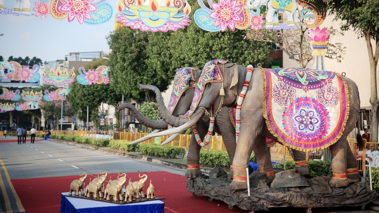 Elephant statues along streets of Little India in the day