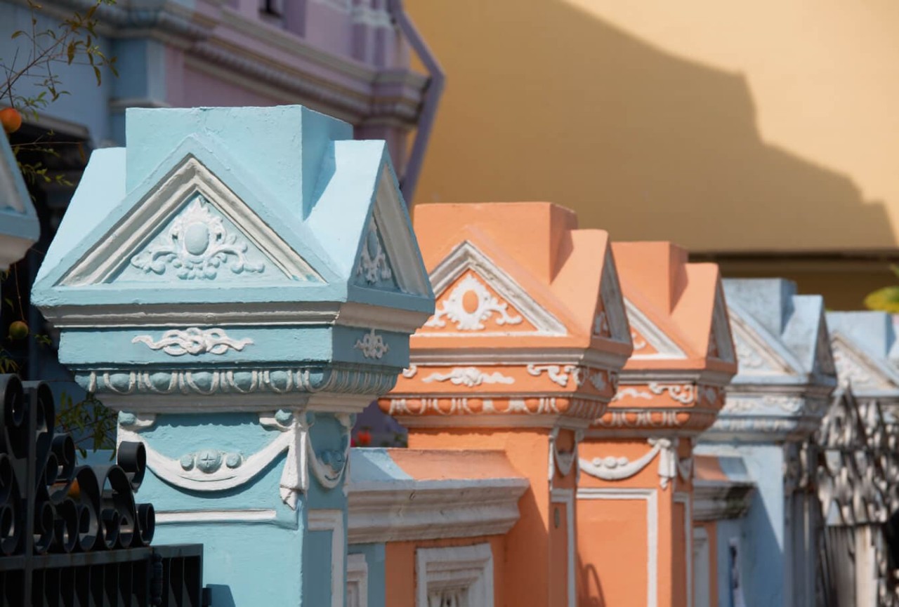 Colourful pillars denoting traditional Peranakan architecture