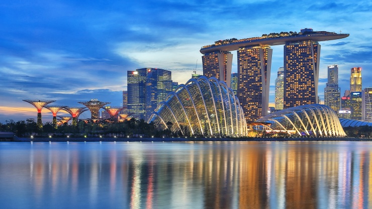 滨海湾花园的夜景，背景是滨海湾的新加坡天际线，前景是新加坡河