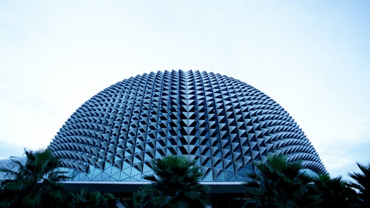 外观形同榴莲壳，是滨海艺术中心的建筑特色之一