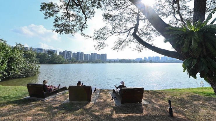 人们在裕廊湖花园内的湖滨区 (Lakeside Promenade) 休闲放松