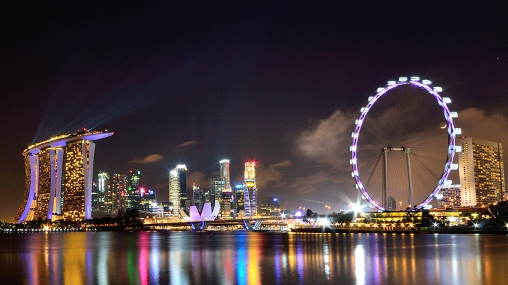 夜晚的新加坡摩天观景轮，背景是新加坡市区天际线