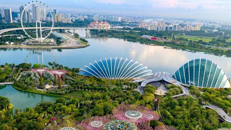 无人机拍摄的滨海湾花园 (Gardens by the Bay) 和新加坡摩天观景轮 (Singapore Flyer)